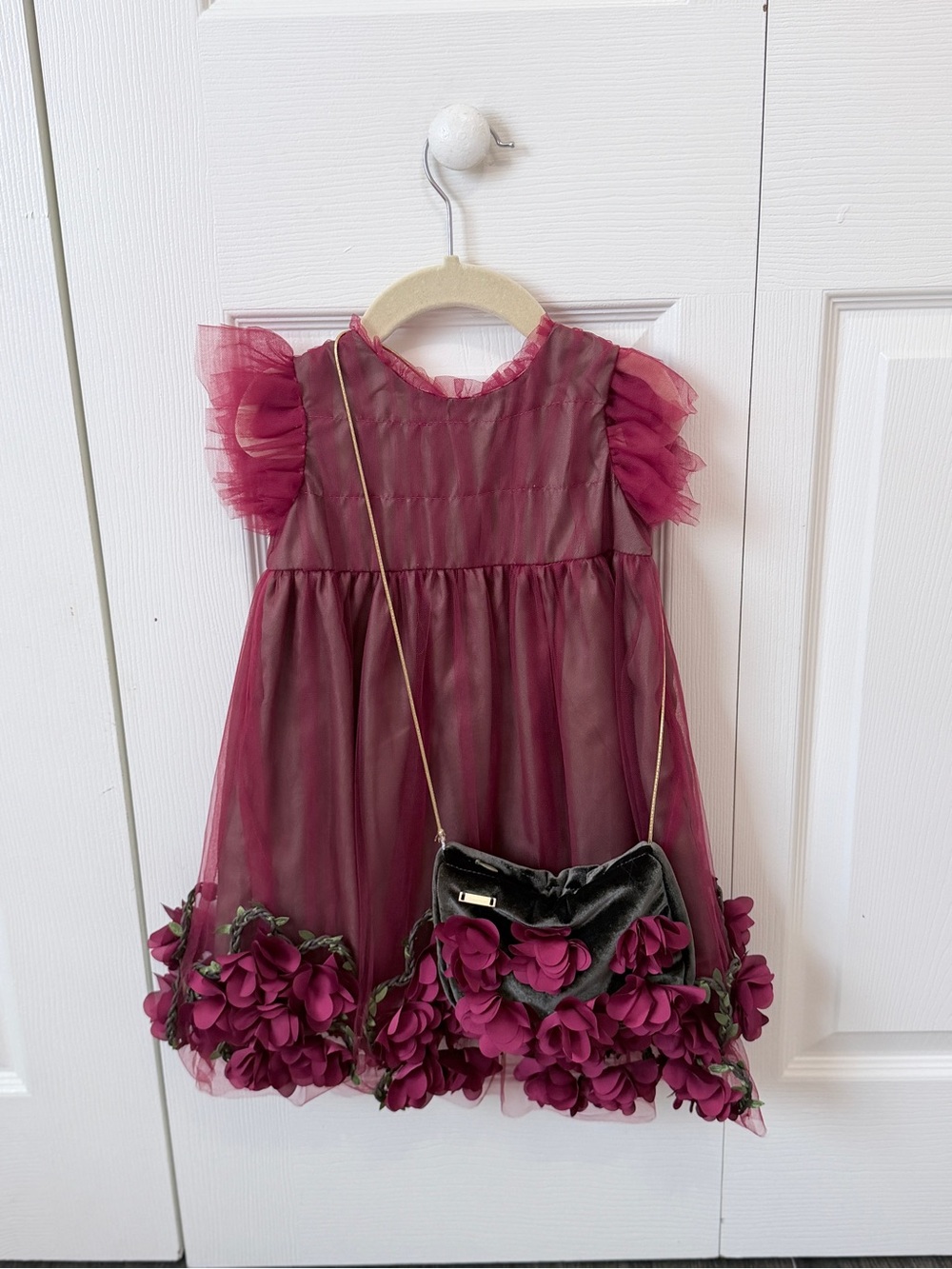 Toddler Burgundy Floral Tulle Dress with Matching Purse